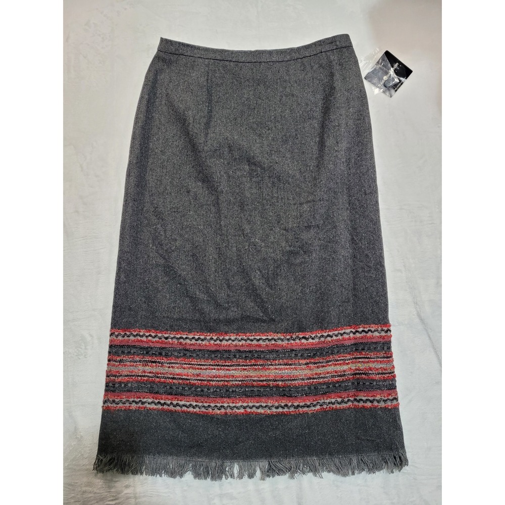 NWT Sag Harbor Fringe‎ Skirt Womens 12P Gray Embroidered Border Midi